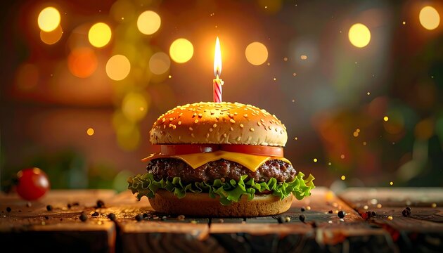 A burger with a lit birthday candle is the centerpiece on a wooden surface with bokeh background and scattered seeds