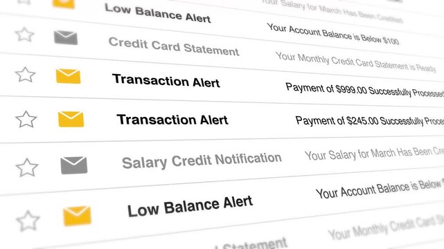 Close up of Digital Email Inbox Interface with Animated Scrolling Motion Showing Financial Notifications, Transaction Alerts, Salary Credit Confirmation, Low Balance Warning, and Credit Card Statement