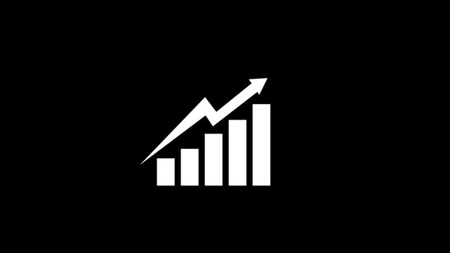 White bar graph and upward arrow icon on black. White bar graph for business success. Simple bar graph graphic for financial reports and economic growth data.