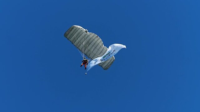 Skydiver Descending with White Parachute and White Banner