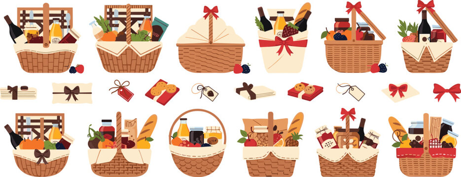 Gourmet picnic and gift basket set with wine bread cheese and fruit collection of flat vector illustrations for celebration food delivery summer holidays and romantic outing theme design isolated on w