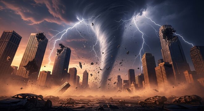 Tornado devastates city with lightning strikes and destruction