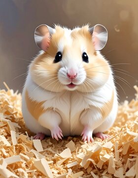 Cute Golden Hamster Sitting on Wood Shavings.