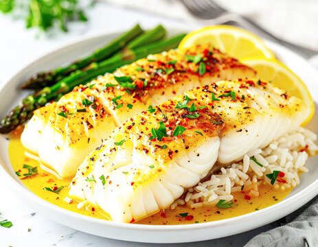 Baked cod in a zesty lemon garlic paprika sauce, closeup. AI