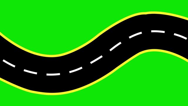 Winding black road with yellow border on green. Winding black road for transportation. Winding black road icon for travel navigation and street asphalt directions.
