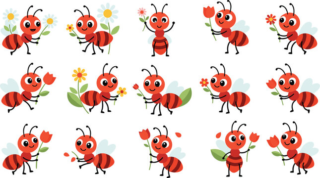 Cute red ant cartoon character set holding various spring flowers collection of flat vector illustrations for children stickers kids education nature garden and summer greeting cards isolated on white
