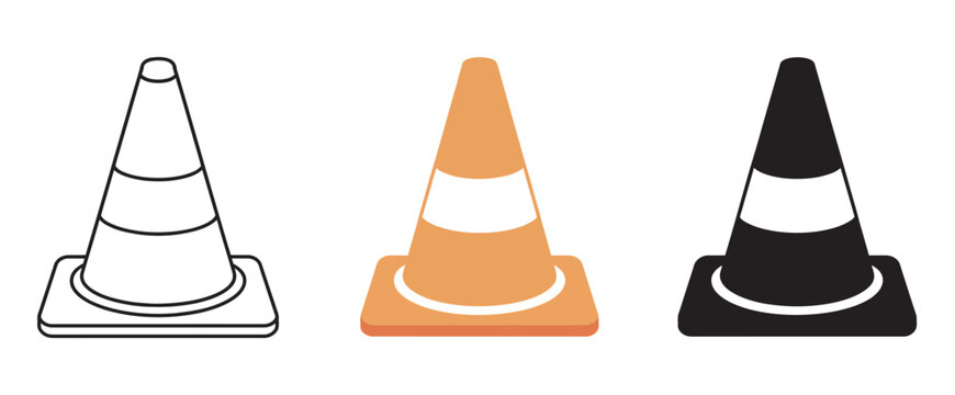 Traffic cone icon flat and line logo set, construction signal symbol, black outline filled styles, road safety sign, road trip icon, vector illustration