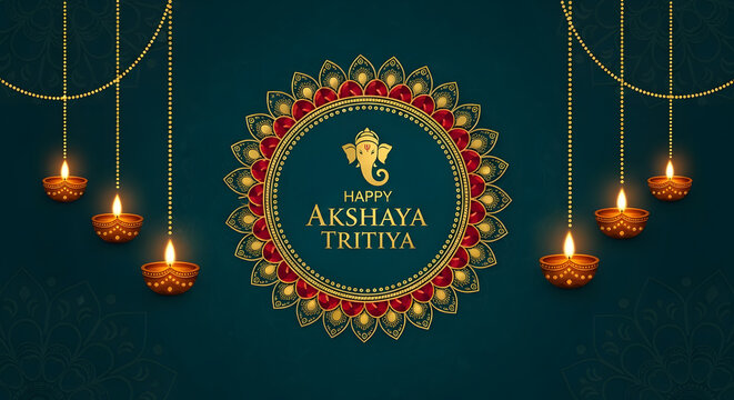 Happy Akshaya Tritiya teal background gold mandala rosette Ganesha icon hanging diya lamp festival card