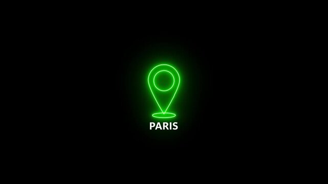 Neon green location pin icon with Paris text. Neon green location pin for travel. Neon green location pin for French tourism and navigation app illustrations.