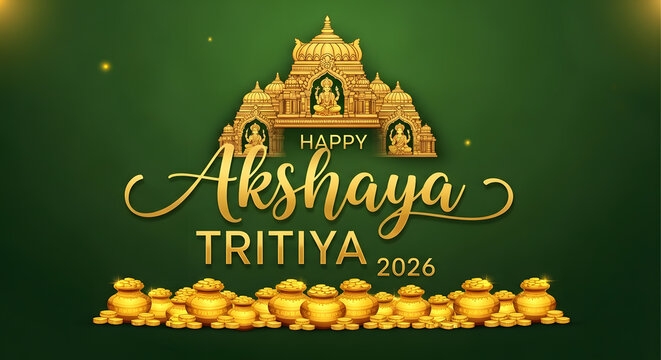 Happy Akshaya Tritiya 2026 golden temple gold pot coin green background greeting card poster banner