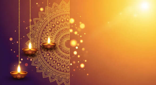 Festival background purple orange mandala hanging diya golden glow bokeh light decorative Akshaya Tritiya banner
