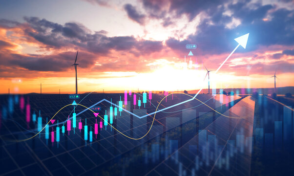 Increase in electricity prices on the world market. Green energy in full development.Investment finance chart,stock market business and exchange financial growth graph.	
