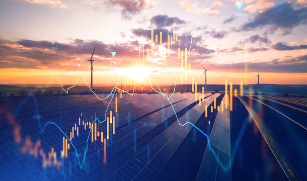 Increase in electricity prices on the world market. Green energy in full development.Investment finance chart,stock market business and exchange financial growth graph.	
