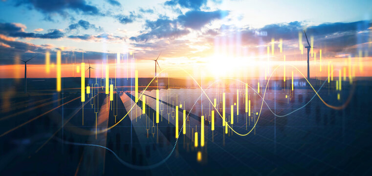 Increase in electricity prices on the world market. Green energy in full development.Investment finance chart,stock market business and exchange financial growth graph.	
