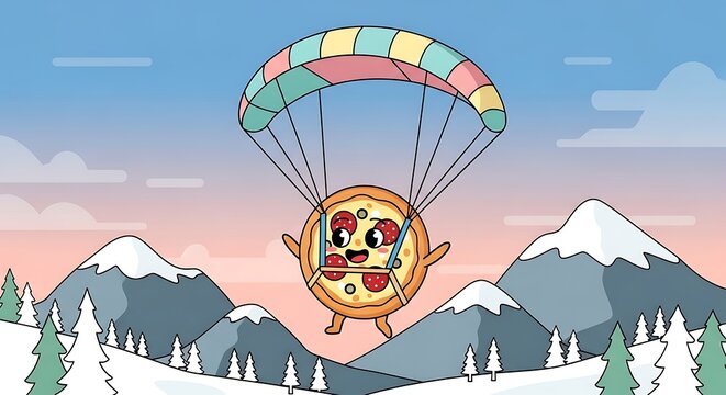 A cartoon pizza with a happy face is skydiving with a colorful parachute over snow-covered mountains at sunset