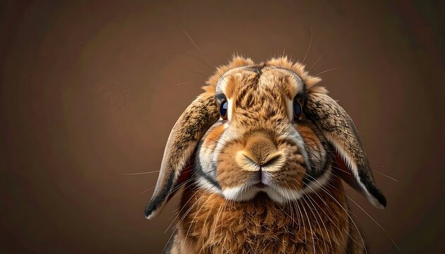 A close-up captures a fluffy, brown lop-eared rabbit with soulful eyes against a blurred, earthy background