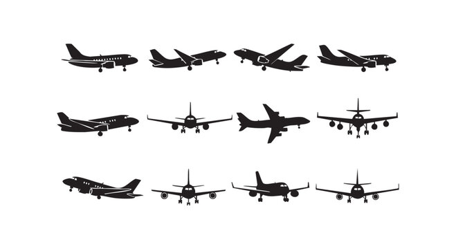 Airplane silhouettes in different flight angles and perspectives vector illustration for aviation and travel industries.