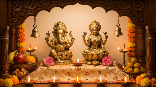 Ganesha Lakshmi brass idol temple altar wooden arch bell diya marigold fruit prasad puja Akshaya Tritiya