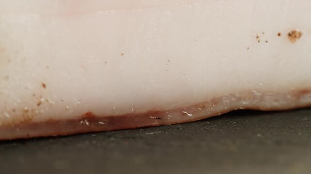Salted lard bacon pork meat slicing in restaurant on kitchen, salo macro pork fat, black bread sandwich decorated with dill on white background close-up. Healthy fats. Healthy food. Vitamins