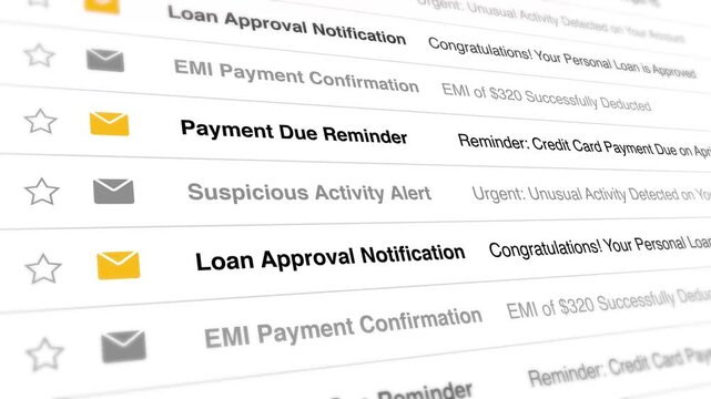 Digital Interface of a Personal Banking Email Inbox featuring Animated Scrolling Motion with Financial Notifications including Loan Approval Confirmation, Payment Due Reminders, EMI Deductions