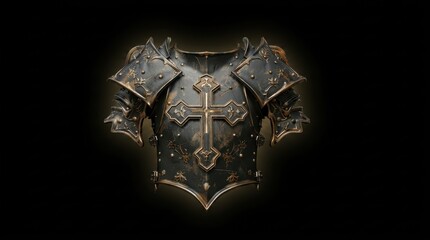 Fototapeta premium Medieval armor with ornate cross and floral motifs on black background, Armor of Christ concept.