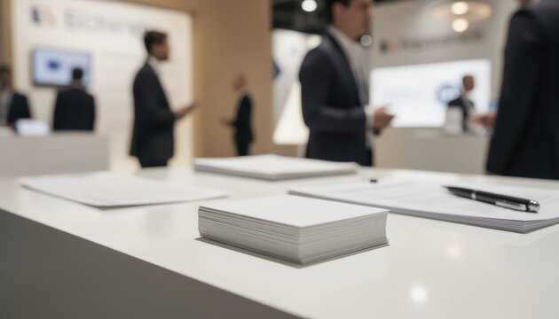 Medium shot at a trade exposition insurance booth sharply capturing a stack of business cards and display materials with ambient lighting and blurred exhibitors in the back.