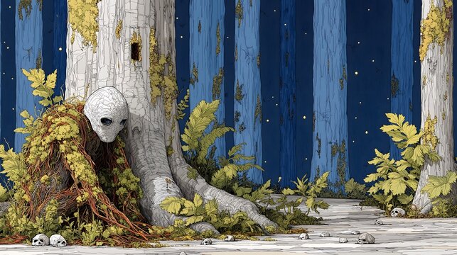 World Earth Day Pan's Elegy Silent Forest Illustration, Hyperrealistic Bare Trunks, Pan Vine & Moss, Panpipe & Mycelium Eco-Warning Use