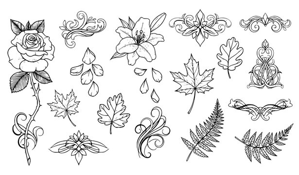Flower tattoo vector set floral patterns black ink botanical design