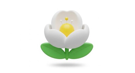 Fototapeta premium 3D illustration of a white flower with green leaves and a yellow center isolated on white background, illustration