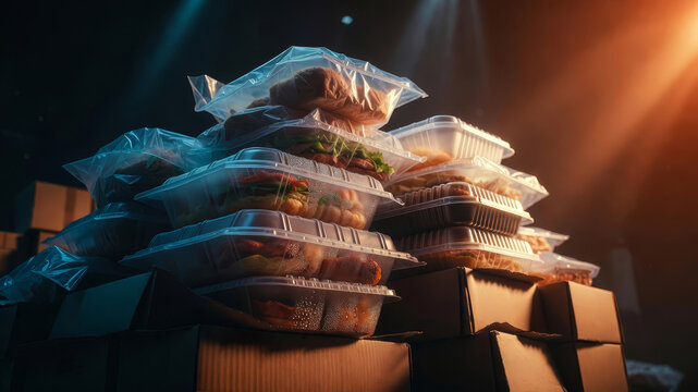 A vibrant stack of transparent food containers filled with various meals, resting atop cardboard boxes, illuminated by soft stage lights.