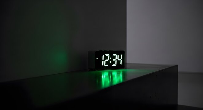 A green digital clock displays 1234 on a dark reflective surface