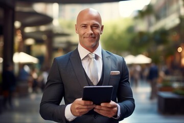 Fototapeta premium Confident businessman in formal attire using tablet in urban setting while smiling at camera
