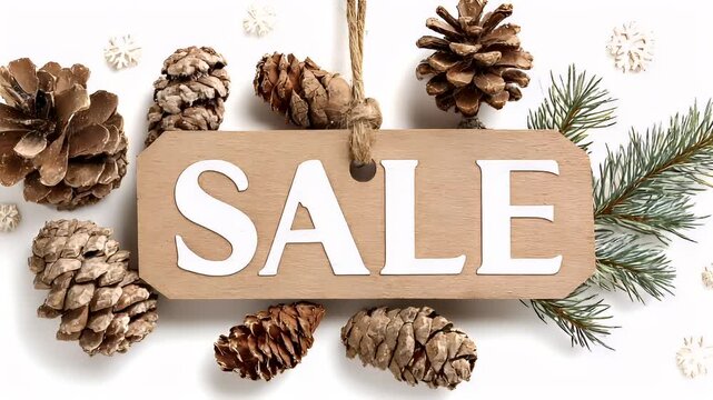 Retail promotion campaign advertisement. A flat lay, topdown view of a wooden sign displaying the word SALE in white capital letters. Surrounding the sign are pinecones, pine needles, and snowflakes.