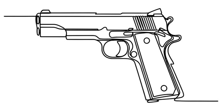 Continuous line drawing of a semi-automatic handgun on a white background Vector, illustration