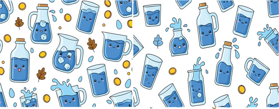 Seamless pattern with cute water bottles glasses and splashes kawaii drink characters background illustration collection
