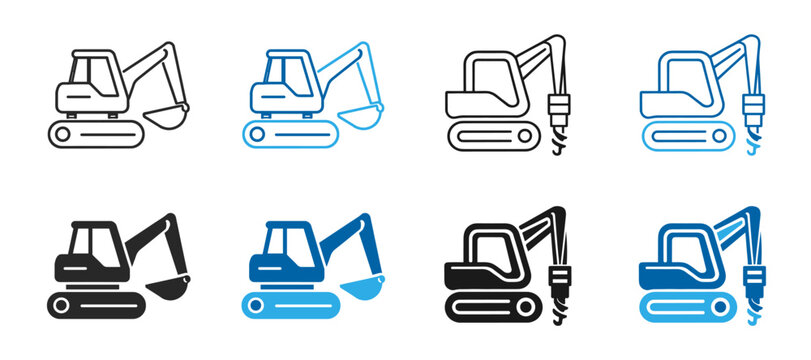 Excavator digging construction equipment outline icon set on transparent background