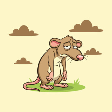 Cartoon Handdrawn Depressed Rat Standing on Grass with Cloud Illustration