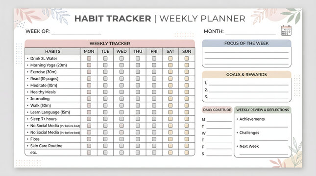 Habit Tracker Weekly Planner Sheet.
