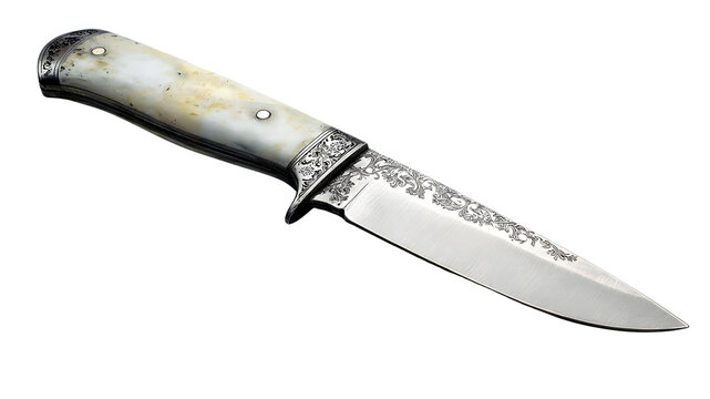 Ornate Knife with Pearlescent Handle and Intricate Engraved Blade