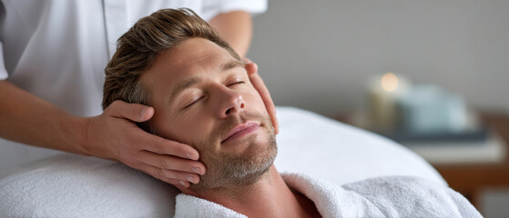 Fototapeta premium Relaxed man receiving a facial massage in a spa setting with closed eyes and calm expression, emphasizing wellness and self-care