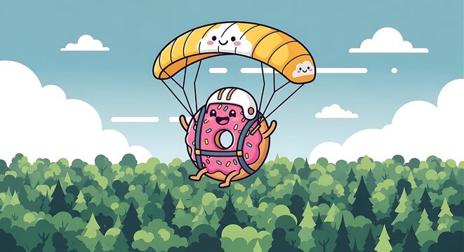 Animated pastry character with a helmet and parachute soaring over a lush, green forest on a sunny, cloudy day