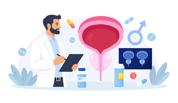 Urinary Tract Infections, Cystitis. Diagnosis, Treatment of Bladder Diseases, Inflammation, Urine Analysis. Doctor Researching Urethritis, Genital Infection. Vector Flat Illustration