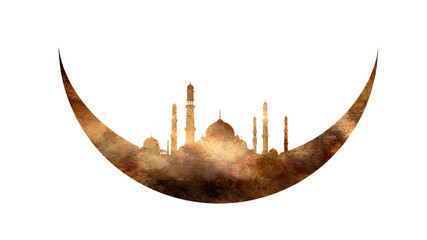 Fototapeta premium Golden City Skyline Silhouette on Crescent Moon