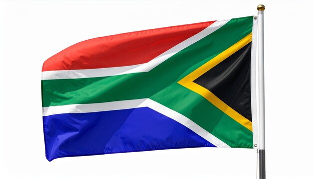 South Africa national flag with six colors, green Y-shape dividing red, blue, black, yellow, and white stripes, symbol of unity and diversity on clean background
