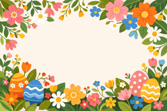 Bright Springtime Easter Celebration Card with Illustrated Botanical Wreath Border, Patterned Pastel Eggs, Wildflowers, and Ample Room for Personalized Text on a Cheerful Seasonal Backdrop