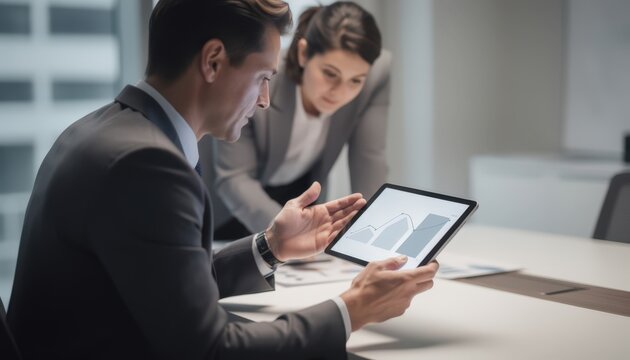 Medium shot of financial advisor showing cautious investment options on tablet client attentively reviewing risk profile in softly blurred background.