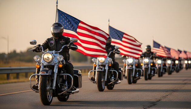 Patriot guard riders on motorcycles carrying American flags during a solemn Memorial Day procession at sunset for a national tribute and veteran honor concept