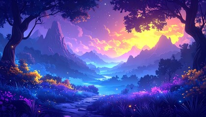 Obraz premium Dreamy mountain landscape with a radiant sunset, lush foliage, and a tranquil pathway