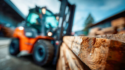 Fototapeta premium Forklift moves wooden logs in a lumber yard during the day while workers manage supplies on site