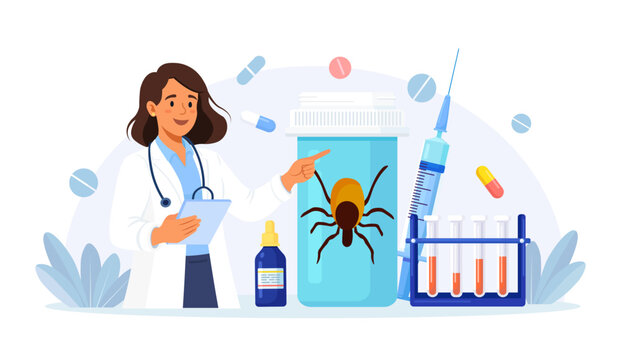 Prevention of Lyme, Encephalitis Diseases. Removing Encephalitis Ticks. Parasite Carrying Disease. First Aid with Infections Transmitted by Mites. Tick attached to skin, removed with tweezers